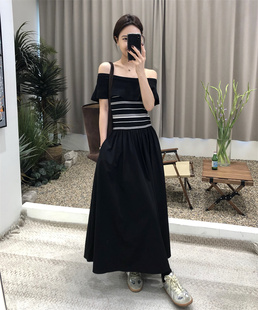 2024夏季韩版弹力一字肩条纹黑色连衣裙女设计感拼接长裙