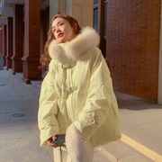 冬季羽绒棉服女奶黄色气质大毛领，韩版设计感加厚短款棉衣外套