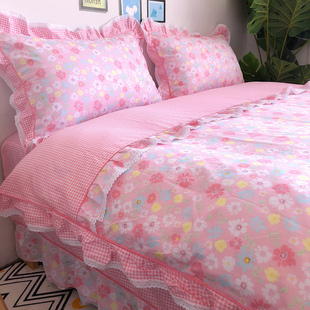 韩版公主风四件套纯棉全棉小碎花，粉色花边被套，荷叶边床单床上用品