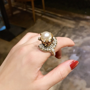 欧美复古网红珍珠花朵戒指个性时尚夸张食指指环创意配饰品潮
