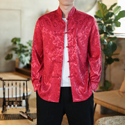中国风红色唐装龙纹，暗纹衬衫男士长袖，立领盘扣中山装休闲衬衣外套