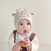 婴儿帽子秋冬季洋气，可爱小鹿造型纯棉胎帽，新生护囱门保暖护耳帽潮