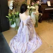 高级感紫色印花仙女气质度假连衣裙长袖显瘦性感露背绑带女神长裙