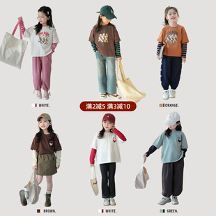 蓝小爸女童假两件T恤2024春季儿童韩版洋气宝宝圆领长袖上衣