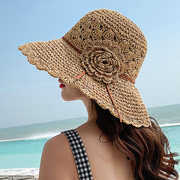 花朵草帽女夏天防晒凉帽子夏大帽檐遮阳帽可折叠太阳帽海边沙滩帽