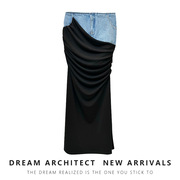 摩登解构高腰半裙女2024春黑色褶皱，拼接设计感长款牛仔半身裙