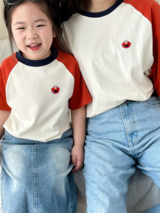 亲子母女装夏季儿童纯棉短袖T恤男女童糖果色上衣拼色韩版潮半袖