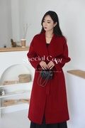 韩国长款羊毛大衣536大红色无扣系腰绳时尚气质女装羊毛大衣