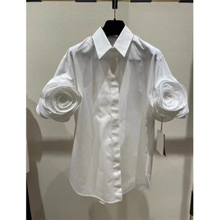 设计感玫瑰贴花短袖白色宽松衬衫女法式2024春夏气质衬衣上衣