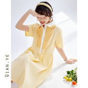 衬衫连衣裙2022黄色polo领拼接裙，子女夏法式(夏法式)气质温柔夏季女装