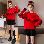 女童红色毛衣秋冬季韩版中大童蝙蝠衫针织衫仿貂绒打底衫上衣