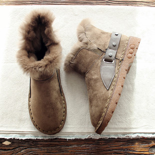 冬季甜美雪地靴圆头兔毛保暖靴，平底圆头加绒短靴学院风女靴子