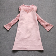 欧货2023秋冬时尚，女百搭圆领长袖粉色，皮绒拼蕾丝中长款连衣裙