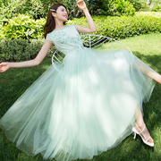 美妃2023春夏流行裙子，温柔淑女国风仙，女超仙森系绿色纱连衣裙