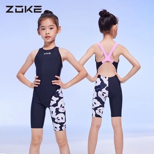 zoke洲克专业儿童泳衣女童连体五分游泳衣比赛训练中大童泳装