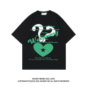 cuwu欧美嘻哈黑色宽松短袖T恤女2024夏季绿色的心设计感上衣
