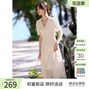 XWI/欣未法式复古连衣裙女夏季收腰显瘦时尚减龄优雅气质蕾丝裙子