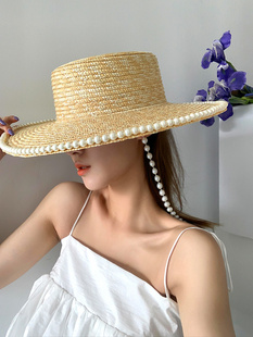 ins博主手工珍珠链条麦秆草平顶草帽沙滩度假遮阳帽法式气质女潮