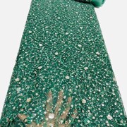 蓝色绿色渐变蕾丝网纱面料重工珠片花K朵刺绣礼服亮片服装布