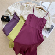 拼接圆领紫色雪纺连衣裙宽松短袖气质长裙子时尚休闲洋气D￥20