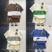 2024儿童短袖套装条纹女童，男童t桖夏季宝宝，婴儿衣服韩版童装