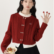假两件红色针织衫毛衣，外套上衣小香风短款宽松拼接撞色薄款显瘦