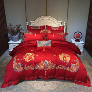 中式婚庆四件套100S贡缎全棉红色刺绣结婚被套纯棉床单六件套床品
