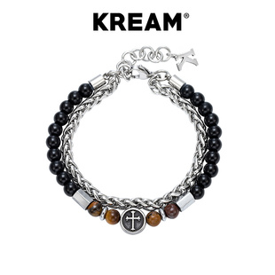 KREAM 黑曜石双层虎眼石十字骷髅手链男嘻哈女同款