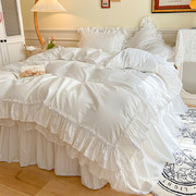 韩式四件套全棉纯白色贡缎公主，风床单纯棉被套18m床裙式床上用品