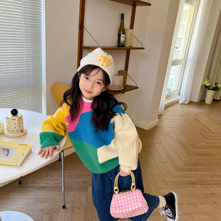 2022秋冬韩版女童几何，图案毛衣洋气儿童，彩色拼接针织上衣外套
