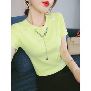 荧光黄纯棉(黄纯棉)短袖，t恤女夏季2024年气质修身显瘦韩系设计感上衣