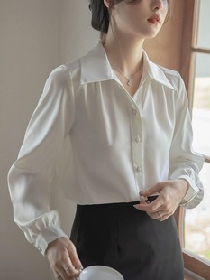 职业套装女缎面长袖白色衬衫秋装搭配黑色半身裙正装面试两件套装
