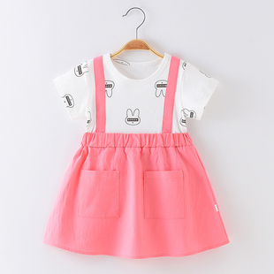 女童连衣裙纯棉夏季女宝宝短袖背带假两件中小童小兔印花裙子