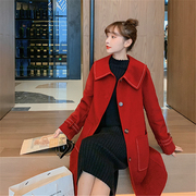 2023春季韩版高级感双面呢子，大衣女中长款甜美娃娃，领红色毛呢外套