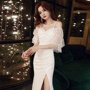 白色晚礼服网纱镂空名媛，气质性感吊带连衣裙灯笼，袖开叉长款显瘦女