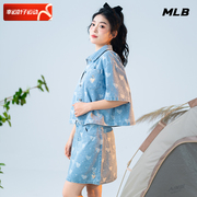 mlb牛仔短袖衬衫，女子夏季复古运动服，爱心复古短款外套潮