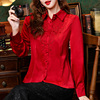 时尚刺绣红色衬衫女士装春季显瘦气质长袖衬衣高级感妈妈上衣