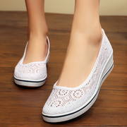 夏季老北京布鞋女鞋网面护士，鞋白色坡跟上班工作鞋，网鞋透气美容鞋
