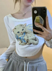 可爱猫咪印花长袖T恤女2023年早秋短款露脐性感搭配挂脖上衣