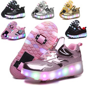 暴走鞋女童4轮可收缩儿童暴走鞋男童LED发光鞋USB充电女童户外运
