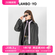 LAMBOYO春季法式独特别致小上衣PU皮潮酷衬衫女宽松尖领外套