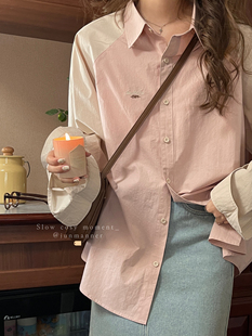 jmwomen粉色长袖衬衫女春季2024设计感小众日系复古宽松上衣