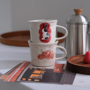 川谷原创手绘樱桃兔子咖啡杯家用水杯马克杯可爱牛奶杯陶瓷杯子