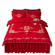 婚庆大红色床裙款四件套结婚刺绣单被套床罩结婚喜庆陪嫁床上用品