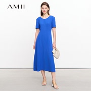 Amii夏季短袖连衣裙女长款圆领显瘦收腰后背镂空雪纺A字高腰长裙