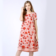 欧美大码胖mm夏季短袖，红色印花雪纺连衣裙，2024欧货长裙女