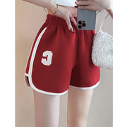 红色运动短裤女夏外穿健身宽松休闲高腰显瘦撞色包边跑步阔腿热裤