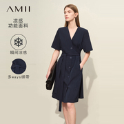 Amii2024夏通勤V领绑带垫肩短袖凉感连衣裙女多穿造型裙子