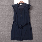 外贸单夏季女装雪纺蓝色连衣裙大码宽松直筒荷叶，袖v领浮点短裙