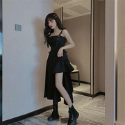 韩版吊带显瘦不规则露腿连衣裙收腰黑色短裙性感夜店气质女装